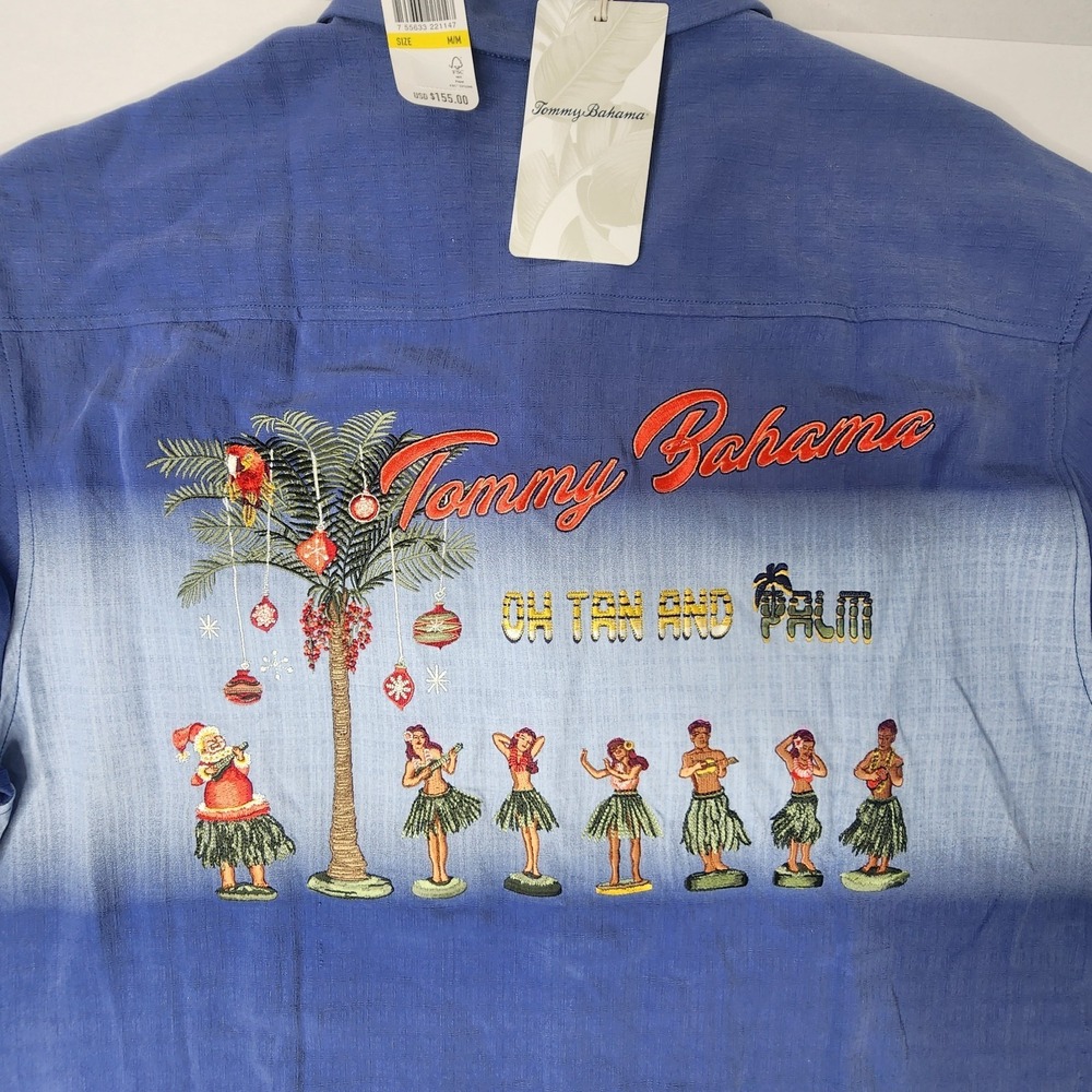 Tommy Bahama Shirt Mens M Button Up Embroider‎ Oh Tan and Palm Tiki Girls Silk